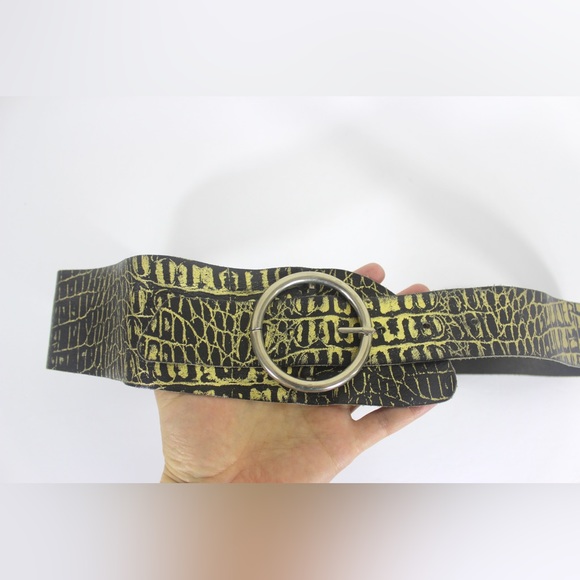 Vintage Black and Gold Leather Reptile Print Wrap Belt Wide Asymmetrical - Picture 3 of 7